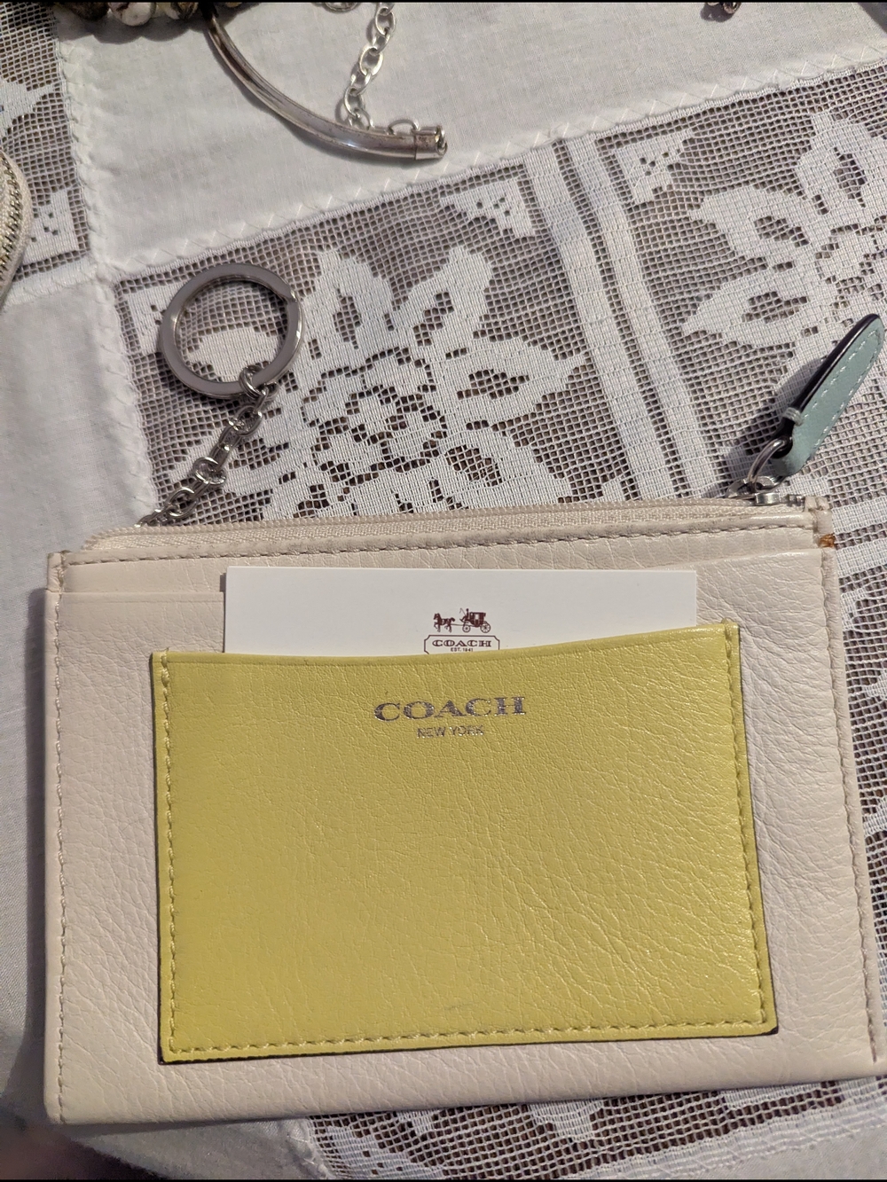 Coach Cream Leather Card Pouch with Yellow Front Slot